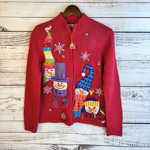 Vintage Christmas Sweater S Full-Zip Cardigan 3D Embroidered Snowman Mock-Neck - Picture 10 of 11
